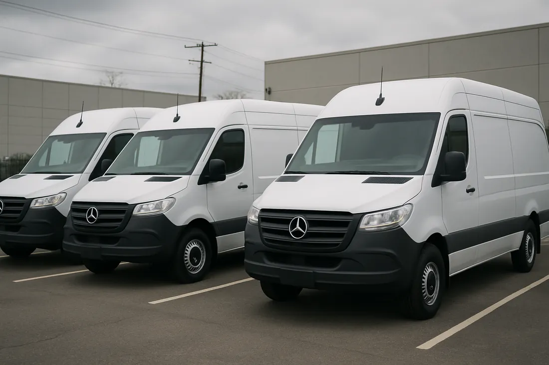 Three white Mercedes-Benz cargo vans parked in a lot on a cloudy day.